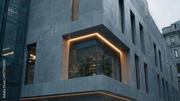 Fototapeta Reflective concrete-and-glass cinema facade with monolithic shape embedded neon frame lights cinematic evening lighting atmospheric separation icy gray