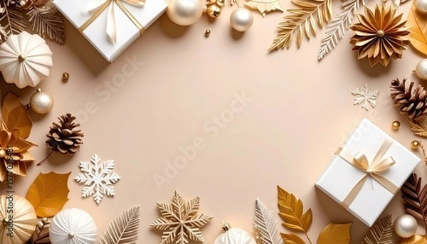 Fototapeta Elegant gift decorations for holiday celebrations festive atmosphere digital content creation warm and inviting environment top-down view seasonal joy