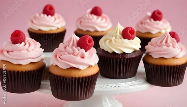 Fototapeta Delicious cupcakes with creamy frosting and fresh raspberries are arranged elegantly on a cake stand.