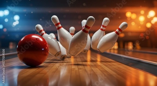 Obraz A red bowling ball strikes pins, scattering them across the wooden lane.