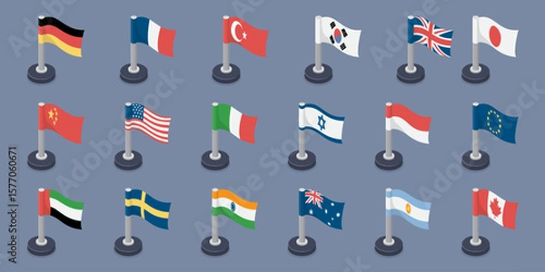 Fototapeta National flags of the world. The Group of Seven country flags collection. 3d flat isometric vector illustration. Eps 10.