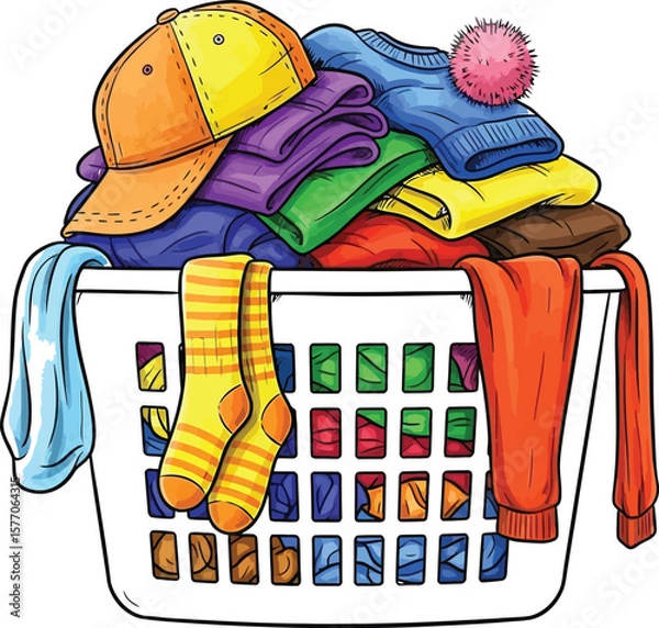 Fototapeta Vector art of a laundry basket overflowing with colorful clothes and accessories creates a scene of domestic clutter, isolated on white background