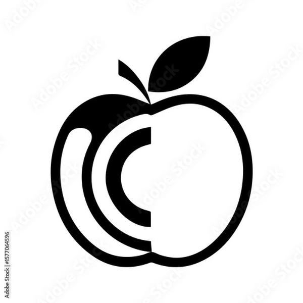 Fototapeta Minimalist one-line icon of an apple with a leaf, drawn in a continuous black line. Elegant and simple.