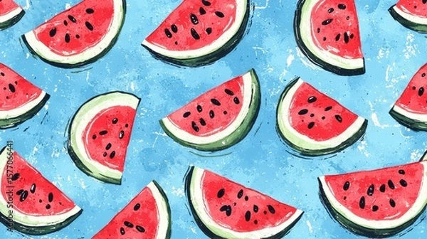 Fototapeta Seamless Pattern Of Watermelon Slices On Blue Background