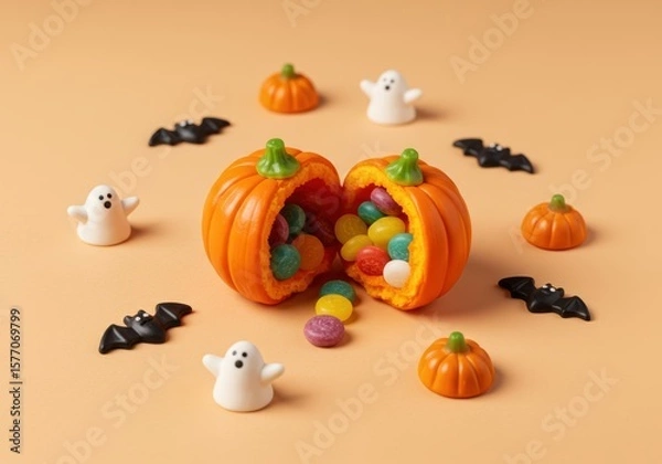 Obraz Open Pumpkin Candy on Pastel Peach Background