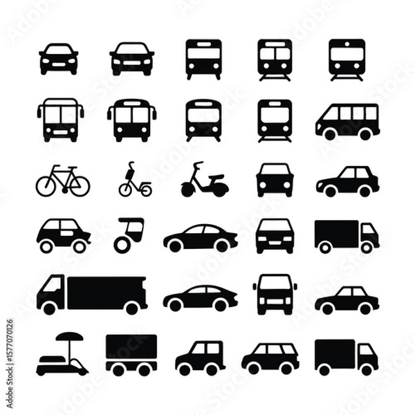 Obraz Collection of Black Silhouette Icons Depicting Various Modes of Transportation Including Cars Buses Trains Bikes Scooters and Trucks on White Background
