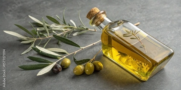 Obraz Refill Bottle of Olive Oil with Olive Branch on Grey Surface