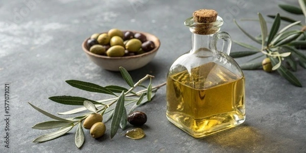 Obraz Refill Bottle of Olive Oil with Olive Branch on Grey Surface