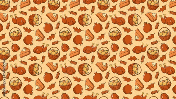 Fototapeta A festive thanksgiving pattern featuring turkey, pie, and fruit baskets on a light orange background