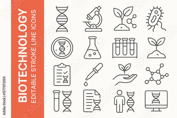 Fototapeta Biotechnology Editable Stroke Icons: Modern Science, DNA & Bioengineering Vectors
