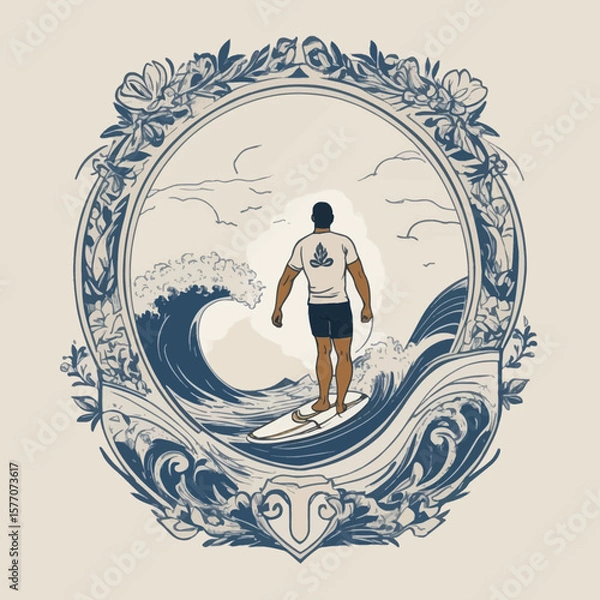 Obraz Minimalist Surfer Ocean Wave T-Shirt Design Crest Style Illustration