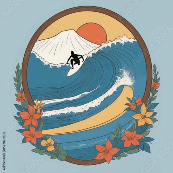Obraz Surfer Riding a Giant Wave with Mountain and Sunset Background, Minimalist T-Shirt Design