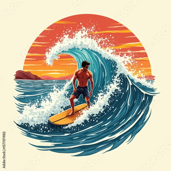 Obraz Sunset Surfer A Vibrant Illustration of a Surfer Riding a Majestic Wave