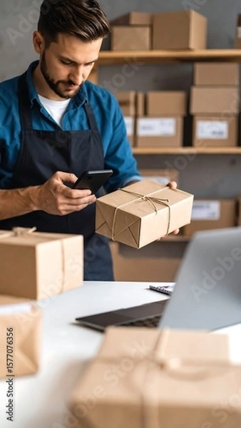 Obraz Man in apron scans package