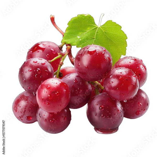 Fototapeta Cluster of red grapes with water droplets and a leaf