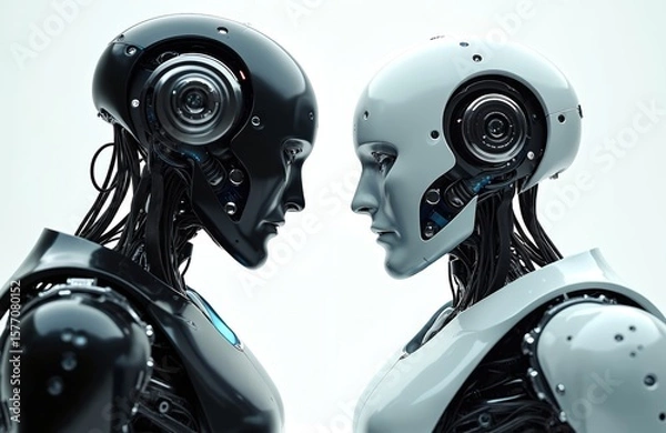 Fototapeta Futuristic robot heads side by side with closed eyes, serene, thoughtful gaze. Black robot, white robot face, contrast between. Head eye, nose, mouth, metallic design, futuristic tech, sci-fi concept.