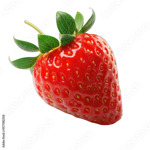 Fototapeta Close-up of a single, fresh strawberry.  Bright red, glossy skin with tiny seeds.  Green leaves at the top