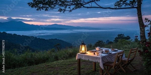 Obraz Pre-Dawn Meal with Lantern Light and Scenic View