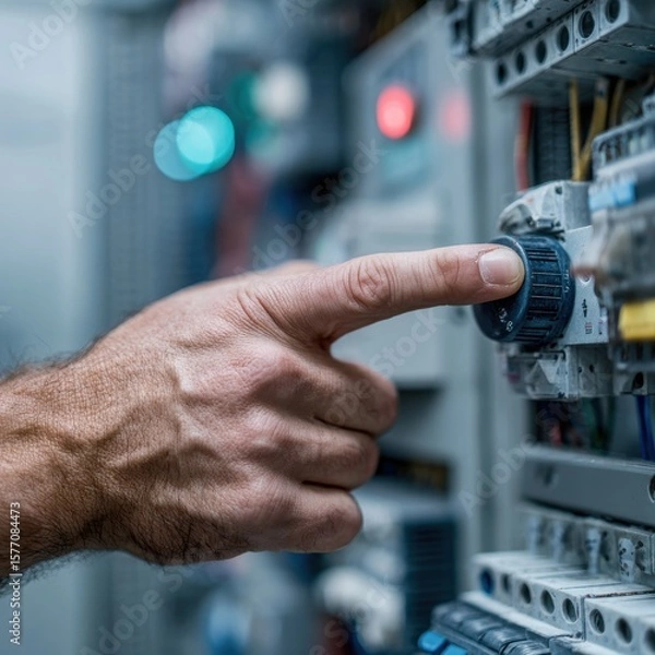 Obraz Hand adjusting control knob on electrical equipment in a modern industrial setting during daytime
