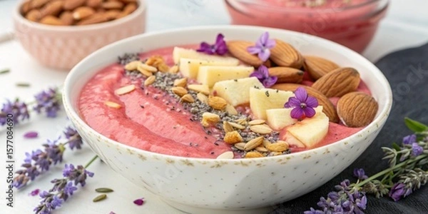 Obraz Pink Smoothie Bowl Topped with Nuts and Lavender Flowers