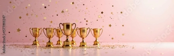 Fototapeta Golden winner trophies with sparkles on pink background. Five champion cups arranged in a row. Flat lay style with copy space. Perfect for motivational, celebration, success concepts.