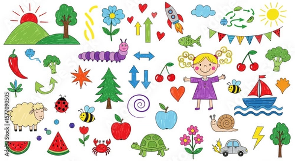 Fototapeta Colorful Childlike Drawings of Nature and Everyday Objects, Ideal for Creative Projects and Educational Resources