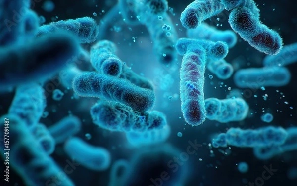 Obraz Microscopic view showcases vibrant blue bacteria cells in close proximity