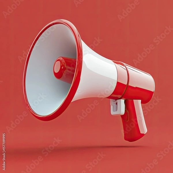 Fototapeta Vibrant 3D megaphone icon with bold red and white design for announcements