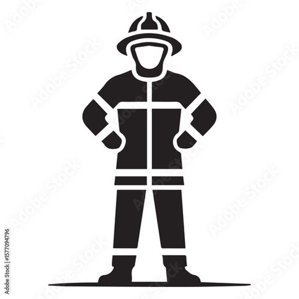 Fototapeta Black silhouette of a firefighter wearing a helmet and protective gear standing confidently with hands on hips against a white background