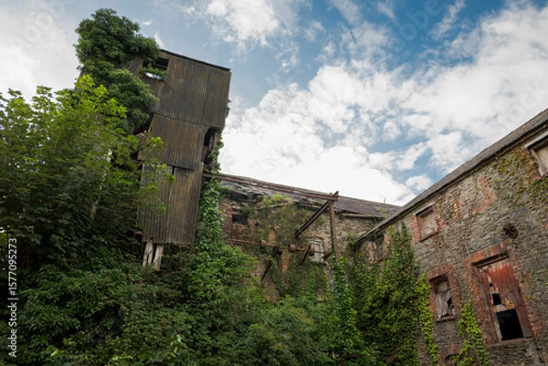 Obraz Ruins of an abandoned, industrial building shows crumbling stone and brick, with boarded-up windows and ivy climbing the surface. Photo taken in Inniskeen, County Monaghan, Ireland