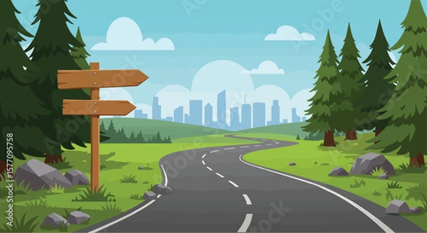 Fototapeta Adobe illustrator vector flat style illustration of a winding road stretching towards a distant cityscape, flanked by green hills, pine trees, and a wooden signpost pointing in two directions