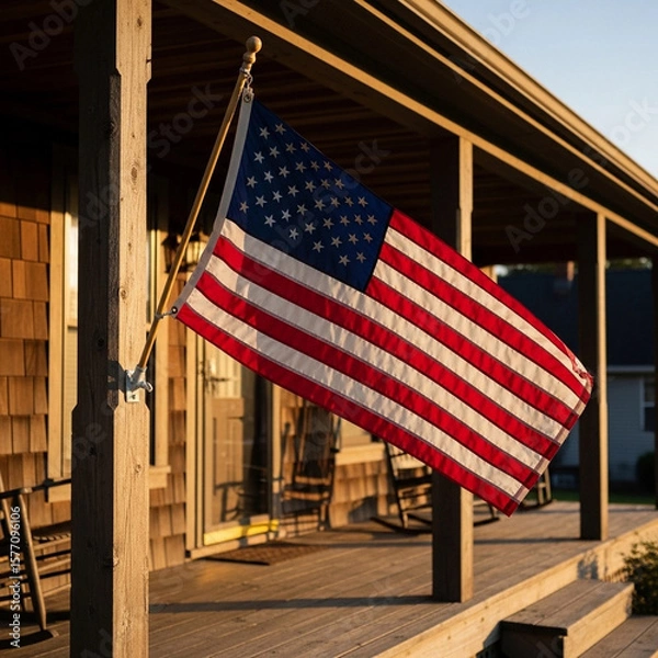 Fototapeta American flag waving on a porch, attached to a wooden post, with rocking chairs visible in the background.