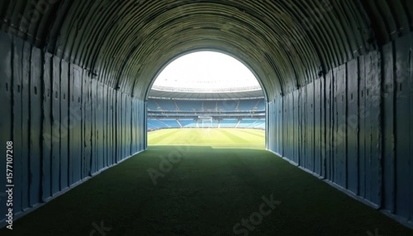 Fototapeta Large stadium with empty blue roof. Perspective from entrance, looking out onto field. Spectators visible in foreground. Athletes, fans, action await in sports arena. Stadium ready for rugby football