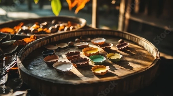 Fototapeta Colorful Bowls of Natural Materials Displayed on Rustic Wooden Tray