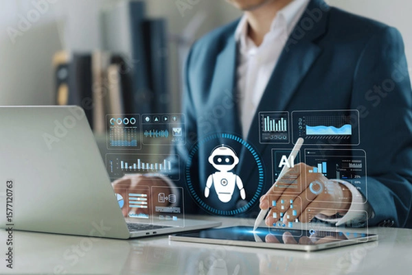 Fototapeta A businessman uses advanced AI agent technology and artificial general intelligence (AGI) to perform data analysis, research, and strategic planning a smart AI assistant dashboard to boost efficiency.