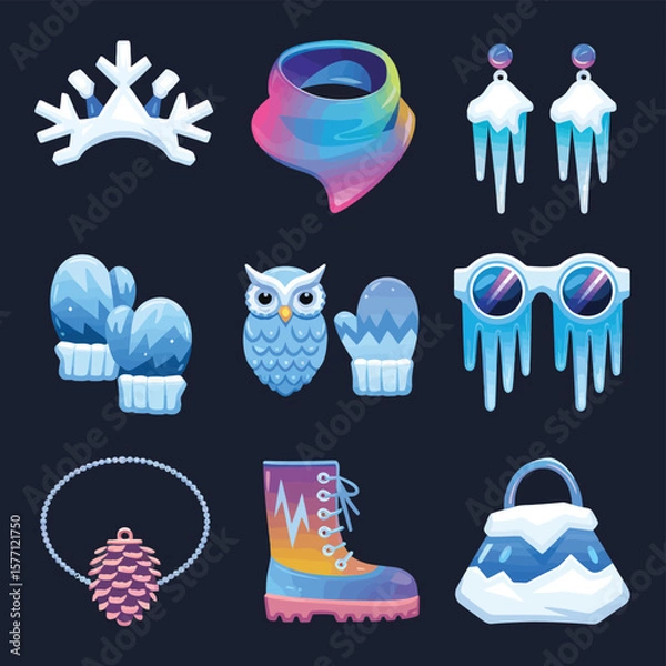 Obraz 2d vector illustration icon, set of vibrant representing unique winter activities and sports
