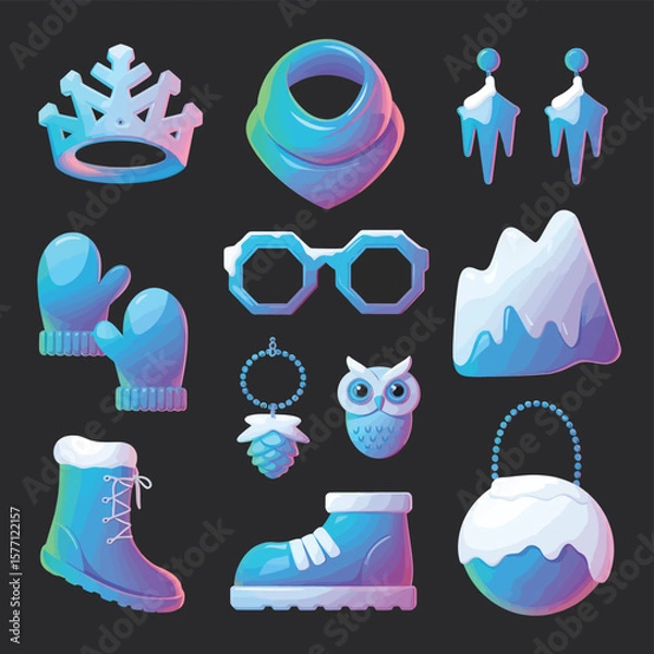 Obraz 2d vector illustration icon, set of vibrant representing unique winter activities and sports
