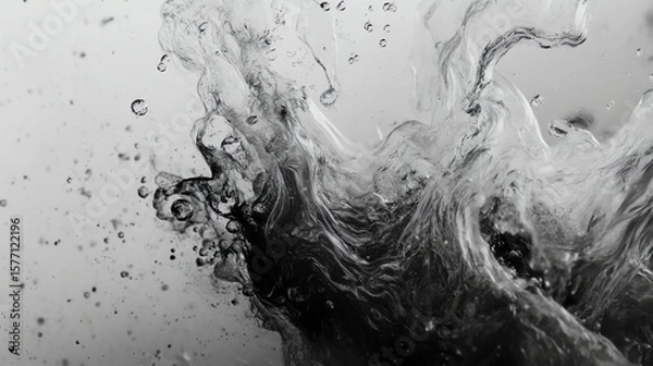 Fototapeta Dynamic splash of water creating abstract patterns, representing motion and energy in monochrome.