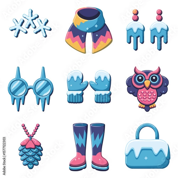 Obraz 2d vector illustration icon, set of vibrant representing unique winter activities and sports
