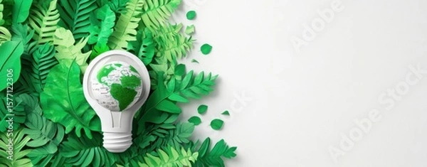 Fototapeta Eco-Friendly Lightbulb with Green Leaves on White Background: A Concept of Renewable Eco friendly