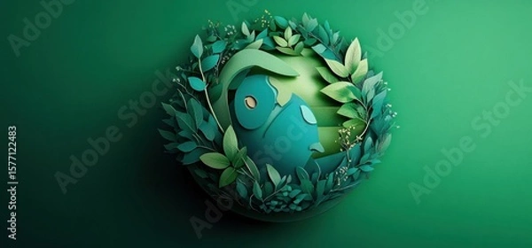 Fototapeta Green Paper World: Cute Earth Day and World Environment Concept with style Copy space