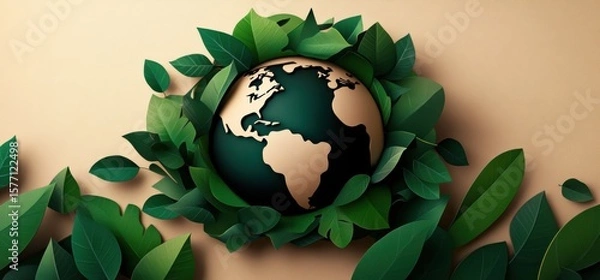 Fototapeta Green Paper World with Copy Space: Cute Earth Day and Environment style space
