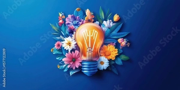 Fototapeta Renewable Energy: Eco-Friendly Lightbulb Surrounded by Flowers on a Blue Background for Eco friendly with background