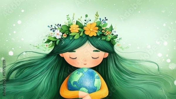 Fototapeta Adorable Girl Embracing Earth in Illustration: Day Environment Save World Concept Cute Hugging or Illustration