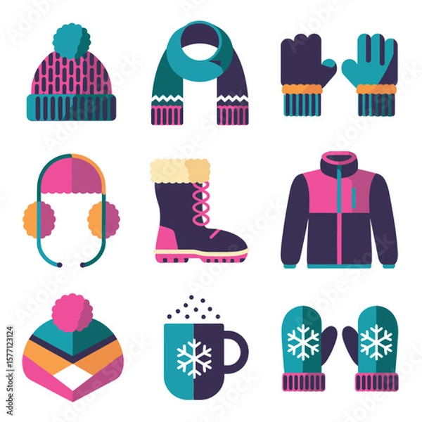 Obraz 2d vector illustration icon, set of vibrant representing unique winter activities and sports
