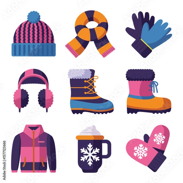 Obraz 2d vector illustration icon, set of vibrant representing unique winter activities and sports
