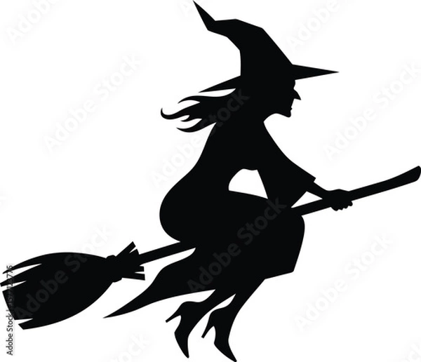 Obraz A black witch silhouette on a broom with a cat, a classic Halloween fantasy illustration