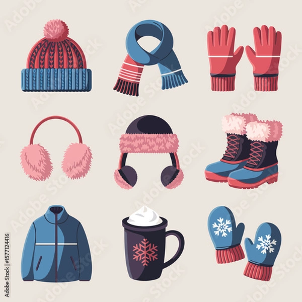 Obraz 2d vector illustration icon, set of vibrant representing unique winter activities and sports
