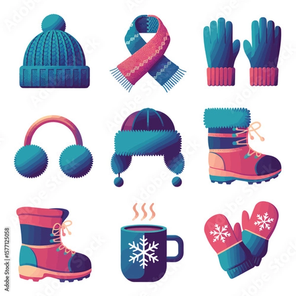 Obraz 2d vector illustration icon, set of vibrant representing unique winter activities and sports
