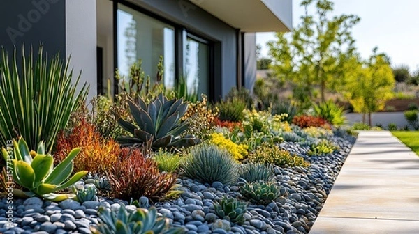 Fototapeta Garden bed featuring Euphorbia myrsinites mixed with succulents and trailing spurge adding texture.